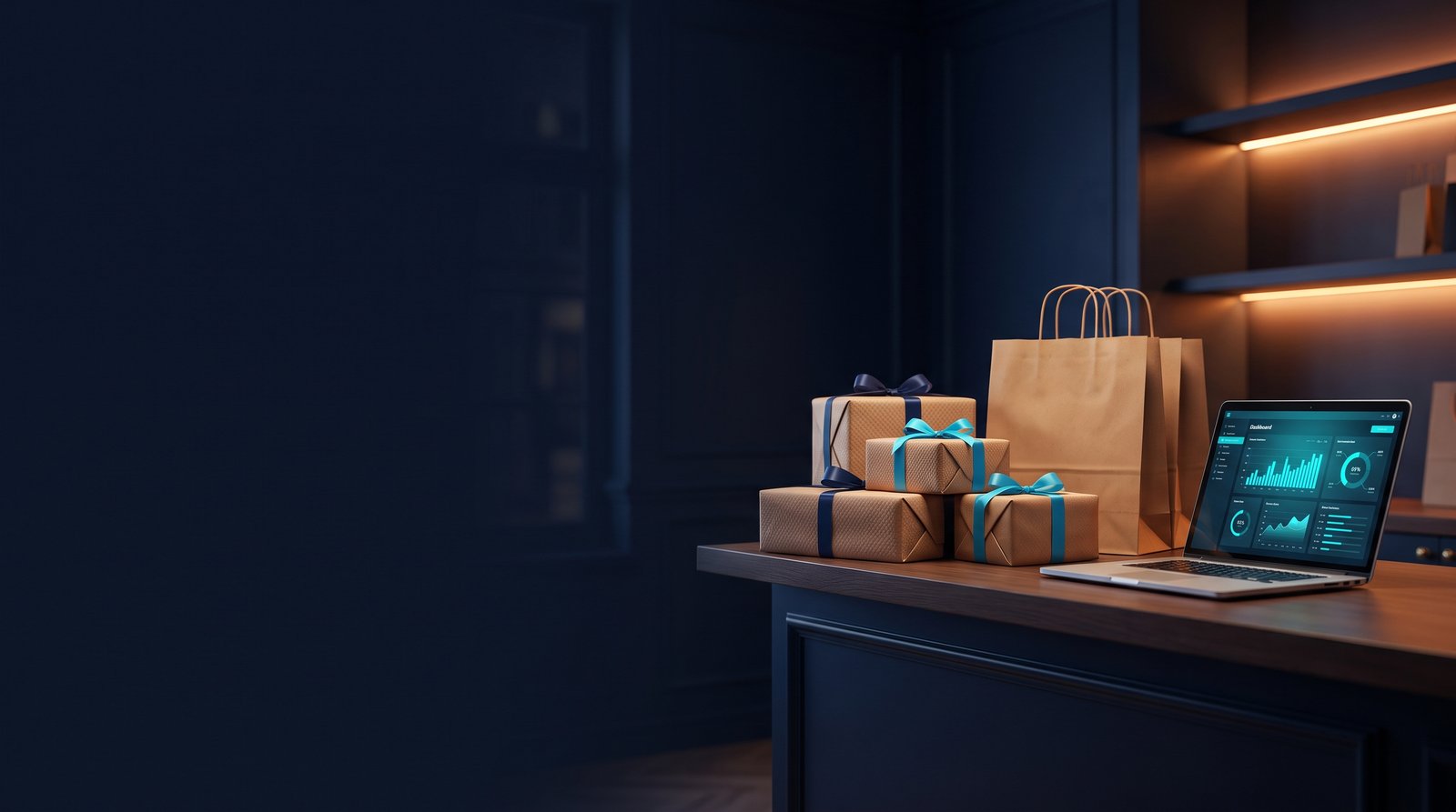 Black Friday para pymes: mostrador con paquetes preparados y un portátil con datos de campaña